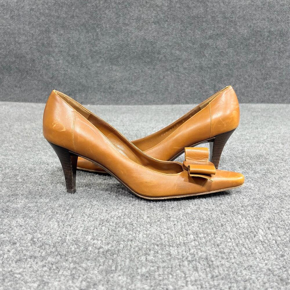 Salvatore Ferragamo Shoes Womens 7.5 Brown Leather Bow Square Toe Heels Italy